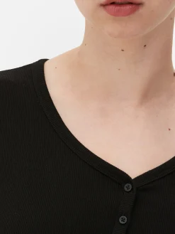 Body Façon T-shirt Boutonné à Manches Longues