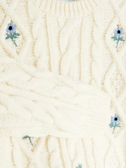 Pull En Maille Torsadée à Fleurs Brodées