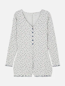 Pyjama Style Barboteuse Côtelé à Petites Fleurs