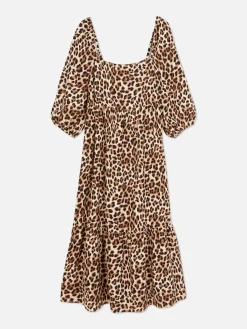 Robe Mi-longue à Motif Léopard Et à Encolure Carrée
