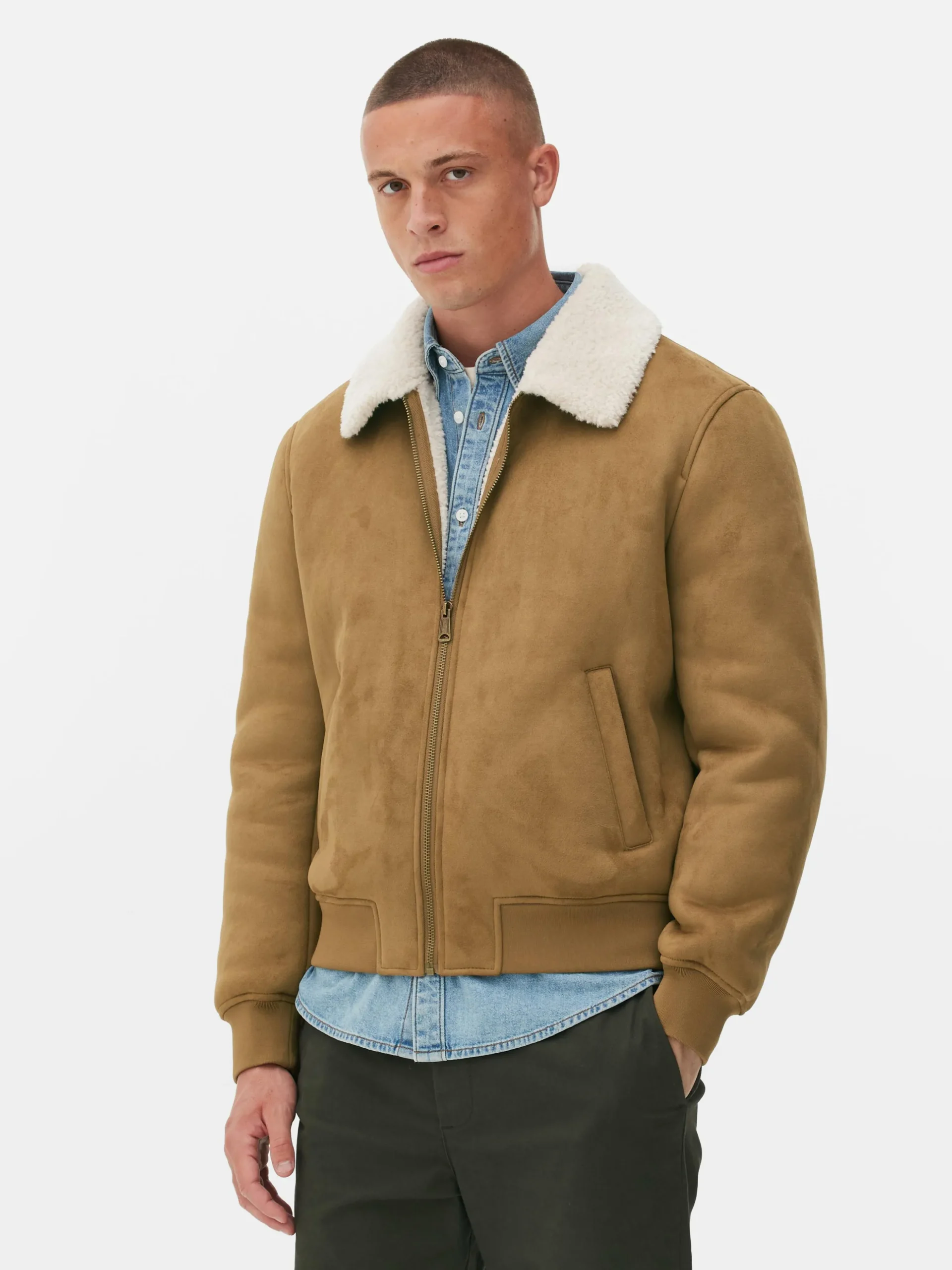 Veste En Suédine à Col Effet Mouton Retourné