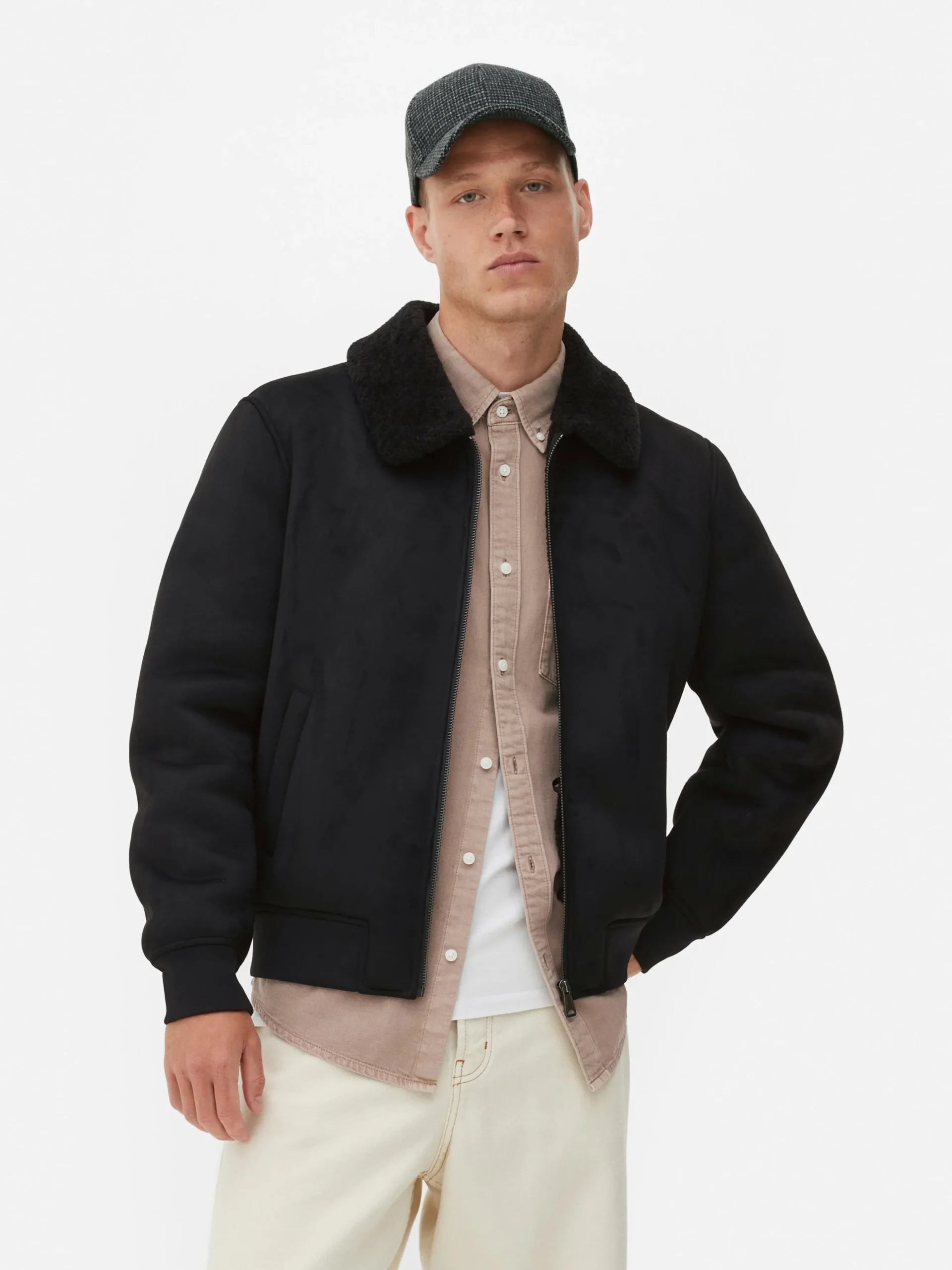 Veste En Suédine à Col Effet Mouton Retourné